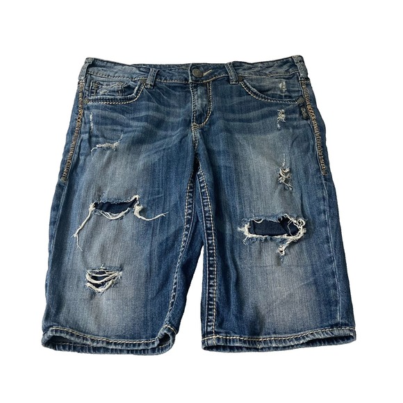 Silver Jeans Pants - Silver Jeans Co. Aiko Mid Bermuda Distressed Denim Shorts Embellished Y2K W30